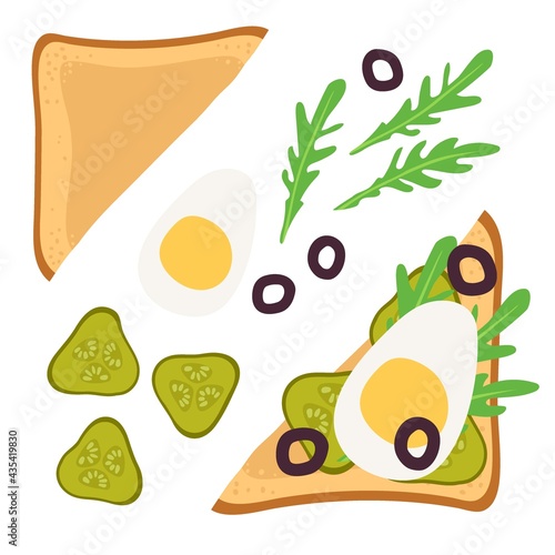 Sandwich Ingredients. Sandwich with pickle, egg, olives, arugula. Snack. Overhead view of isolated Breakfast snacks on toast vector flat. For menu, cafe, restaurant, poster, banner, emblem, sticker