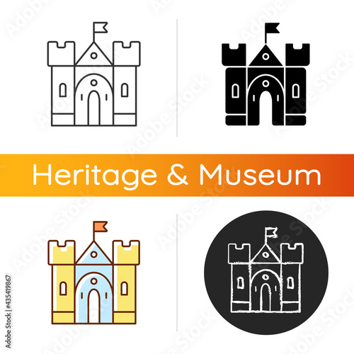 Medieval castle icon. Historic building. Fortress, palace. Housing, fortification. Middle ages. Fortified structure. Royal residence. Linear black and RGB color styles. Isolated vector illustrations