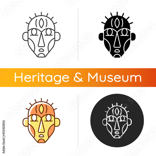Ritual masks icon. Supernatural beings, ancestors representation. Ceremonial, decorative mask. Using by tribes in ancient times. Linear black and RGB color styles. Isolated vector illustrations