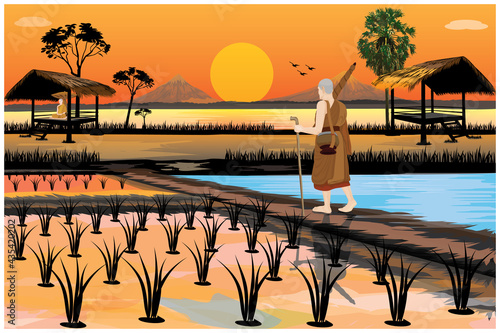 silhouette pilgrimage the monk  in Buddhism  vector design