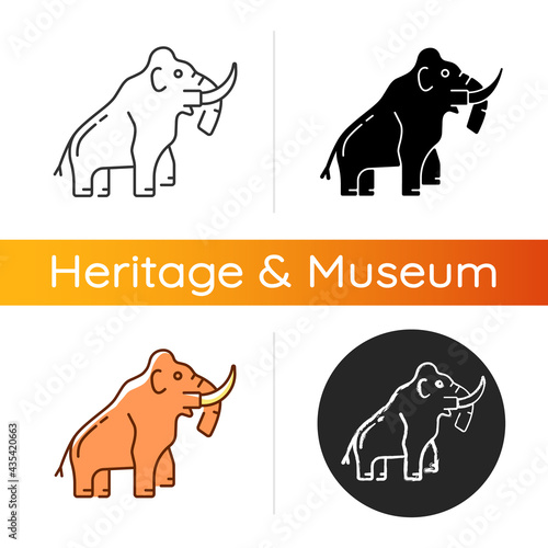 Mammoth skeleton icon. Trunked mammal. Paleontological excavation. Elephant-like bones. Museum exhibit. Large proboscidean. Linear black and RGB color styles. Isolated vector illustrations