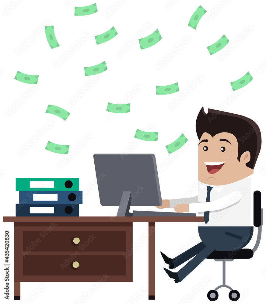 Successful businessman sit with computer surrounded by money bills. Office male employee makes money. Happy man in business suit at workplace with dollar banknotes. Income and high earnings concept