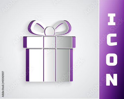Paper cut Gift box icon isolated on grey background. Paper art style. Vector