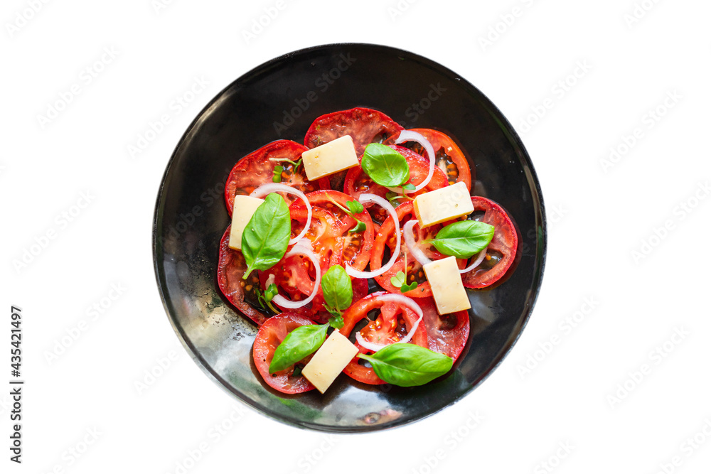 tomato salad veggie vegetable, cheese, onion diet vitamin on the table healthy food keto or paleo diet meal snack copy space food background rustic. top view vegan or vegetarian food