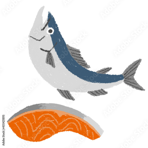 鮭　シャケ　鮭の切り身　クレパス　手書き　素材　イラスト 
