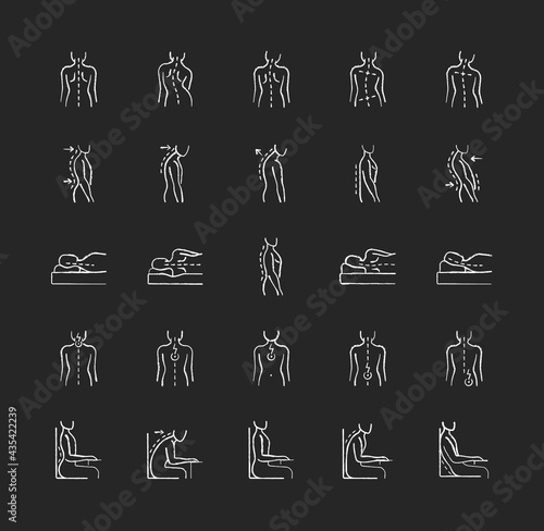 Back and posture problems chalk white icons set on black background. Spinal abnormalities. Maintaining natural alignment. Sitting, sleeping position. Isolated vector chalkboard illustrations