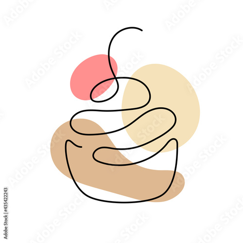One line art of cupcake with cherry. Hand drawn logo. Cafe and bakery concept. Vector illustration isolated on white background.
