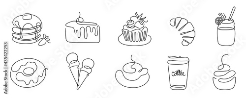 Set of Сontinuous one line art cafe elements. Linear style and Hand drawn logo. Cafe and bakery concept.