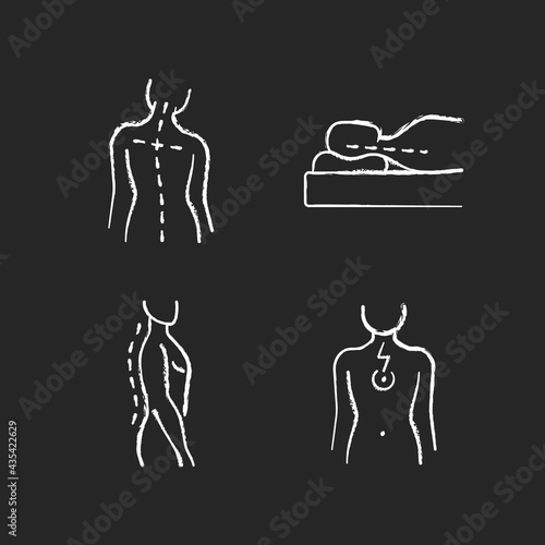 Postural dysfunction chalk white icons set on black background. Head tilt. Incorrect sleeping position. Normal spinal anatomy. Chest pain. Muscle weakness. Isolated vector chalkboard illustrations