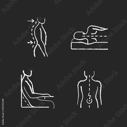 Postural dysfunction chalk white icons set on black background. Lumbar lordosis. Side-lying sleeping position. Incorrect sitting angle. Muscle spasms. Isolated vector chalkboard illustrations