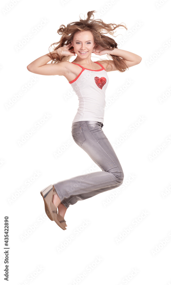 attractive girl jumping  on a white background