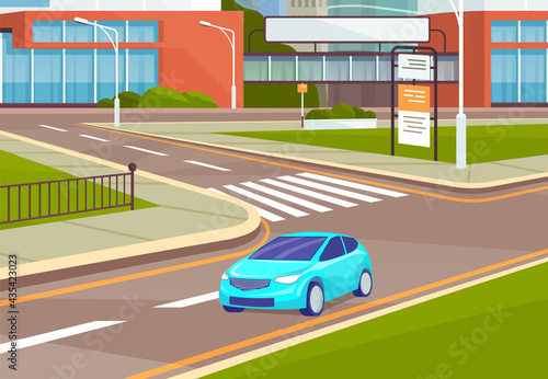 City road with traffic. Markings and sidewalk for pedestrians. Cityscape, empty street, highway, urban concept. Car stands in front of pedestrian crossing. Landscape of urban city with passenger car