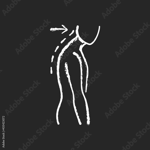 Slouching chalk white icon on black background. Poor posture. Forward head. Body looking down. Walking incorrectly. Muscles in neck, shoulders disruption. Isolated vector chalkboard illustration