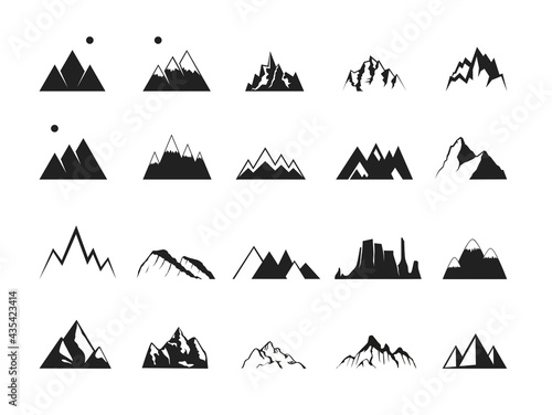 Set of rocky mountains, hills and canyons vector icons. Symbol of rock climbing and alpinism as well as outdoors and travel. Vector black filled signs. Logo illustration
