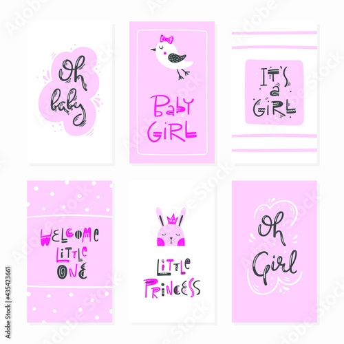 Baby girl card set - Hand drawn modern lettering with decorative elements - Vector illustration isolated, pink, white colors - Design for postcard, baby shower, poster
