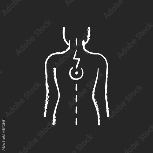Pressure on spinal nerves chalk white icon on black background. Muscle spasms. Pain between shoulder blades. Numbness, tingling. Damage to spinal cord. Isolated vector chalkboard illustration