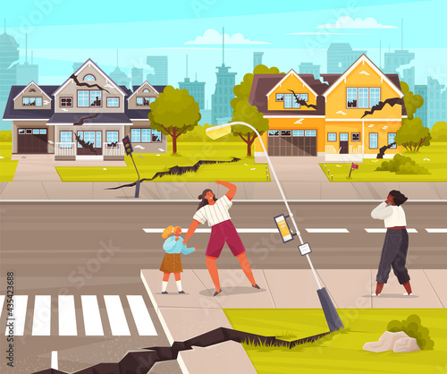 Damaged city street. Earthquake concept. Damage of earthquake, cataclysm damages road destruction and destroyed urban crossroad. Apocalypse town, war disaster or car destroy earthquake. World end