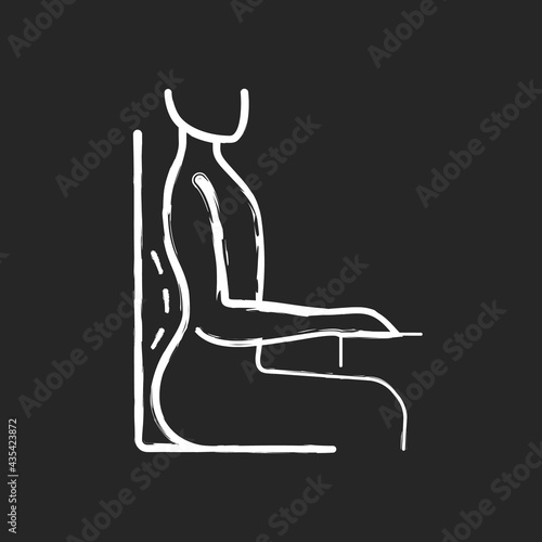 Unnatural sitting position chalk white icon on black background. Increased lumbar lordosis posture. 90-degree angle chair. Muscles stress and strain. Isolated vector chalkboard illustration