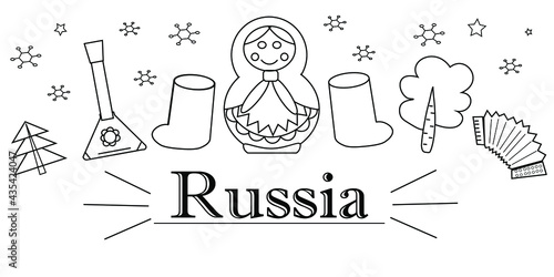 illustration of symbols of Russia, line art image on a white background