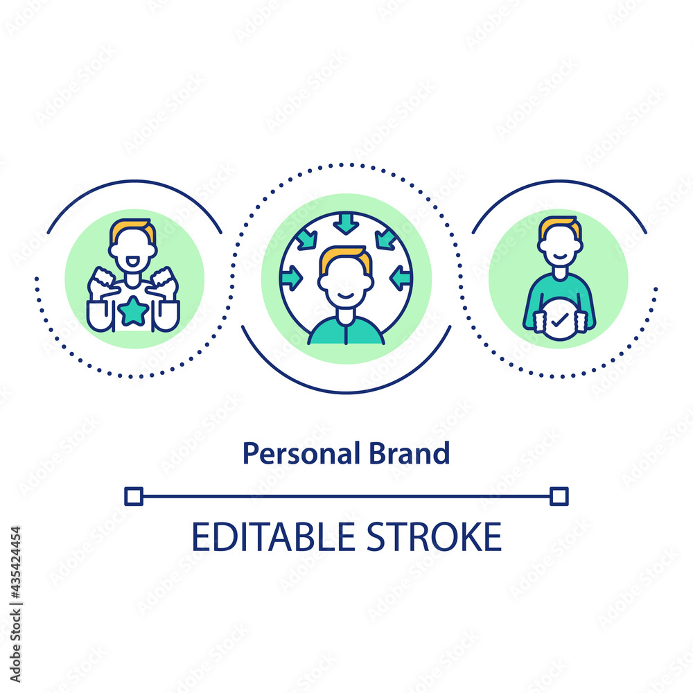 Personal brand concept icon. Online promotion. Increase brand identity awareness. Social media marketing idea thin line illustration. Vector isolated outline RGB color drawing. Editable stroke