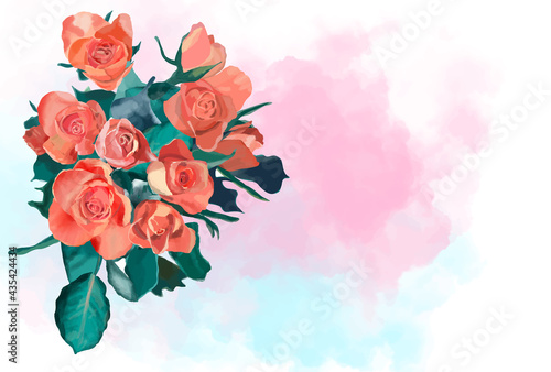 Watercolor rose bouquet and gold line frame, vector illustration background, abstract, card type, copy space