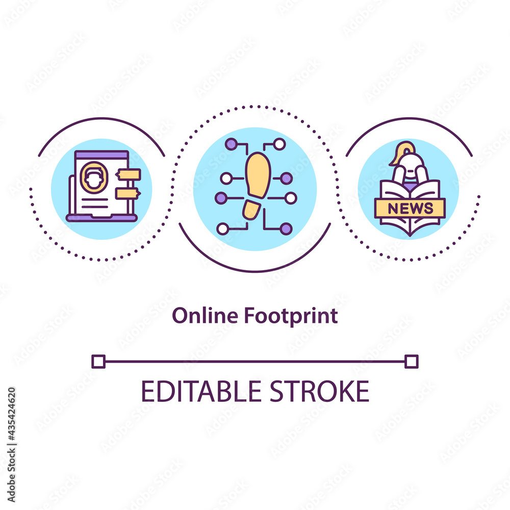 Online footprint concept icon. Trace internet activity. Social media marketing. Digital shadow idea thin line illustration. Vector isolated outline RGB color drawing. Editable stroke Online footprint concept icon. Trace internet activity. Social media marketing. Digital shadow idea thin line illustration. Vector isolated outline RGB color drawing. Editable stroke