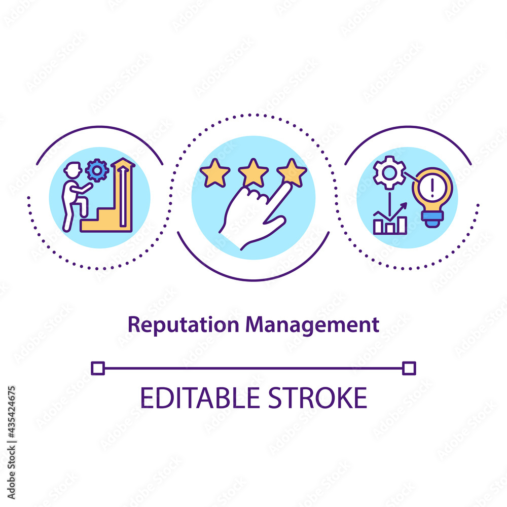Reputation management concept icon. Public opinion. Building company positive image. Business influence idea thin line illustration. Vector isolated outline RGB color drawing. Editable stroke Reputation management concept icon. Public opinion. Building company positive image. Business influence idea thin line illustration. Vector isolated outline RGB color drawing. Editable stroke