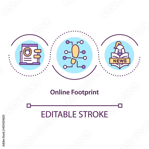 Online footprint concept icon. Trace internet activity. Social media marketing. Digital shadow idea thin line illustration. Vector isolated outline RGB color drawing. Editable stroke