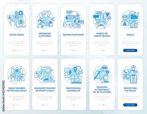 Cyberbullying sources onboarding mobile app page screen with concepts set. Informing incidences walkthrough 5 steps graphic instructions. UI, UX, GUI vector template with linear color illustrations