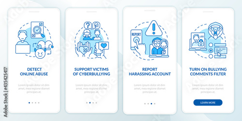Cyberhumiliation prevention onboarding mobile app page screen with concepts. Cyber bully report walkthrough 4 steps graphic instructions. UI, UX, GUI vector template with linear color illustrations