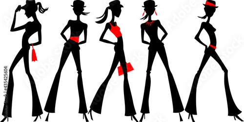 Set of silhouette of fashion girls top models in hats and pants