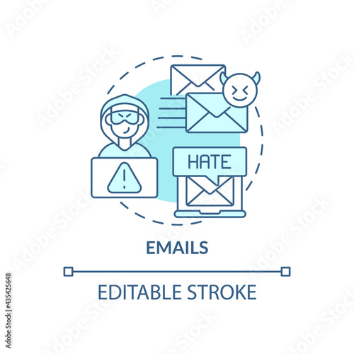 Emails concept icon. Cyberbullying channel idea thin line illustration. Electronic sabotage. Internet harassment. Hacking into victim email. Vector isolated outline RGB color drawing. Editable stroke