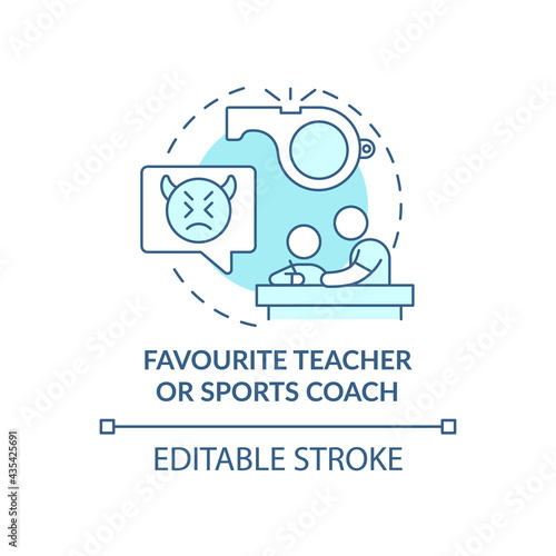 Favourite teacher and sports coach concept icon. Reporting cyberbullying idea thin line illustration. Talking with school psychologist. Vector isolated outline RGB color drawing. Editable stroke