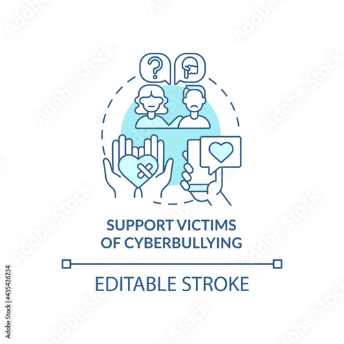 Supporting cyberbullying victims concept icon. Cyberbullying prevention idea thin line illustration. Helping cyberbullied teenagers, adults. Vector isolated outline RGB color drawing. Editable stroke