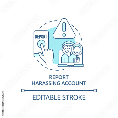 Reporting harassing account concept icon. Cyberbullying prevention idea thin line illustration. Blocking users with malicious communications. Vector isolated outline RGB color drawing. Editable stroke