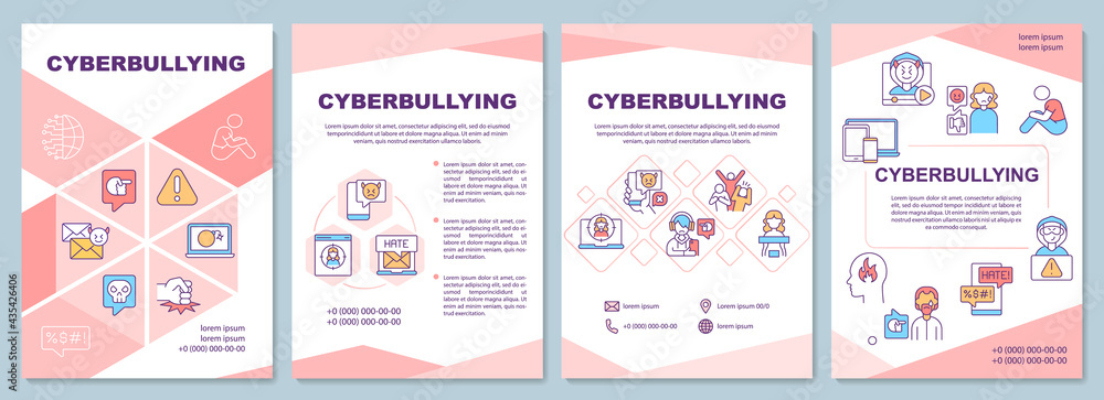 Cyberbullying brochure template. Online threats. Cyberharassment. Flyer, booklet, leaflet print, cover design with linear icons. Vector layouts for presentation, annual reports, advertisement pages