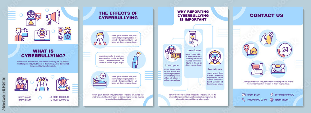 Cyberbullying meaning brochure template. Online harassment effects. Flyer, booklet, leaflet print, cover design with linear icons. Vector layouts for presentation, annual reports, advertisement pages