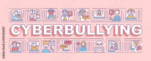 Cyberbullying word concepts banner. Spreading lies and threats online. Cyber humiliation. Infographics with linear icons on pink background. Isolated typography. Vector outline RGB color illustration