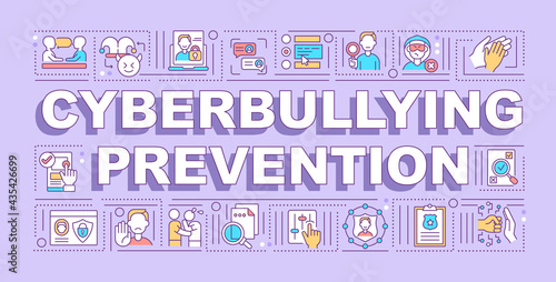 Cyberbullying prevention word concepts banner. Personal stuff privacy. Awareness. Infographics with linear icons on purple background. Isolated typography. Vector outline RGB color illustration