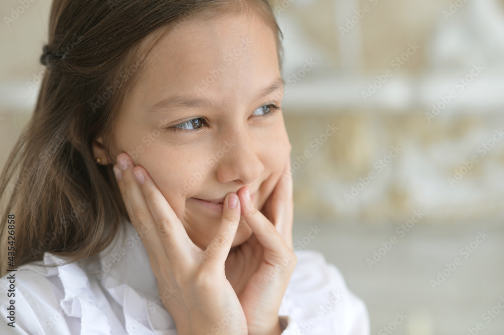 Portrait of a happy little girl in white blouse posing Portrait of a happy little girl in white blouse posing