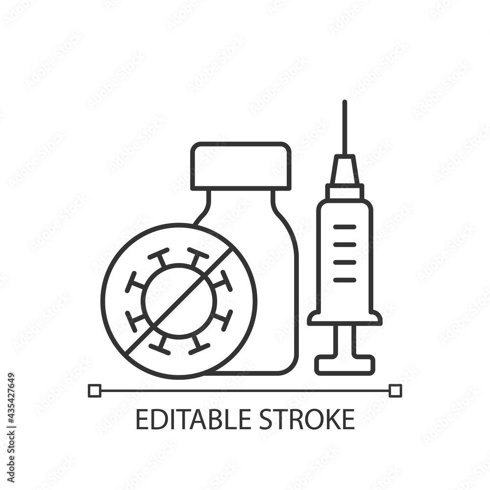 Covid vaccination linear icon. Immunization against coronavirus. Infectious disease treatment. Thin line customizable illustration. Contour symbol. Vector isolated outline drawing. Editable stroke