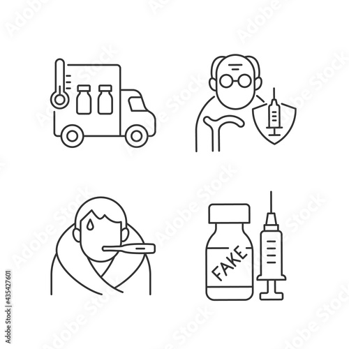 Covid spread prevention linear icons set. Vaccine distribution. Senior patient immunization. Customizable thin line contour symbols. Isolated vector outline illustrations. Editable stroke