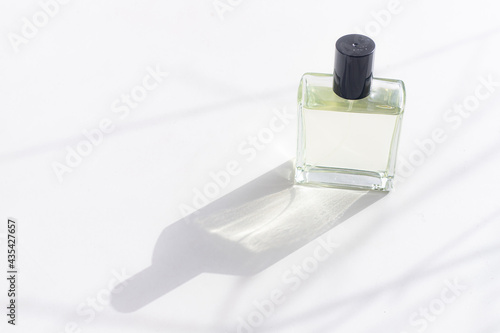 Perfume on a white background with shadows . The choice of perfume. Aromatherapy. Smell. A bottle of perfume. White background. Copy space