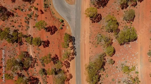 Road Rest Area, Rural, Australia Red Dry Outback, Aerial Top Down photo