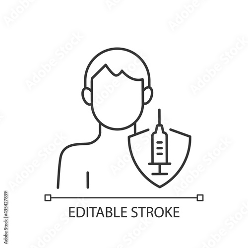 Vaccination of adults linear icon. Male patient. Immunization against virus. Healthcare, medicine. Thin line customizable illustration. Contour symbol. Vector isolated outline drawing. Editable stroke