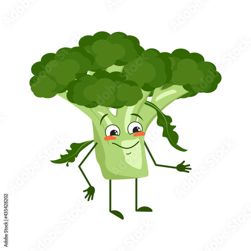 Cute broccoli character with joy emotions  smiling face  happy eyes  arms and legs. A mischievous green vegetable hero with eyes