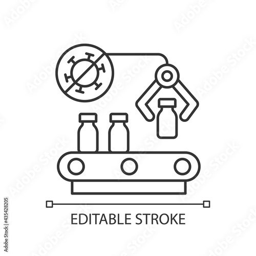 Vaccine manufacturer linear icon. Pharmaceutical production. Automated medication distribution. Thin line customizable illustration. Contour symbol. Vector isolated outline drawing. Editable stroke
