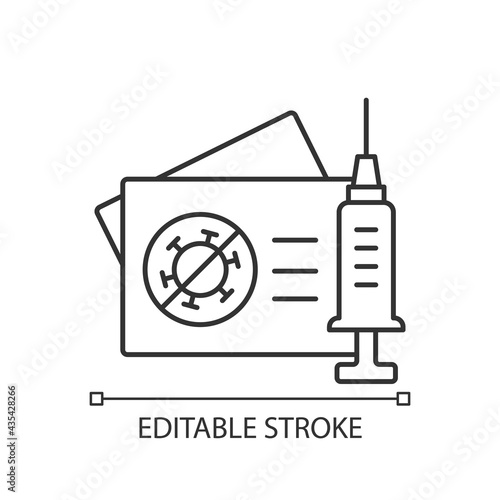 Vaccination card linear icon. Covid immunization certificate. Pass for vaccinated tourist. Thin line customizable illustration. Contour symbol. Vector isolated outline drawing. Editable stroke