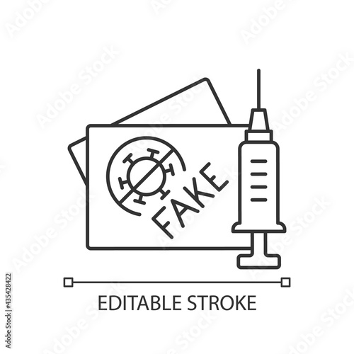 Fake vaccination card linear icon. False coronavirus certificate. Fabricated passport for vaccine. Thin line customizable illustration. Contour symbol. Vector isolated outline drawing. Editable stroke