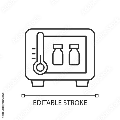 Vaccine storage linear icon. Refrigerator with drug vials. Storing pharmaceutical supplies. Thin line customizable illustration. Contour symbol. Vector isolated outline drawing. Editable stroke